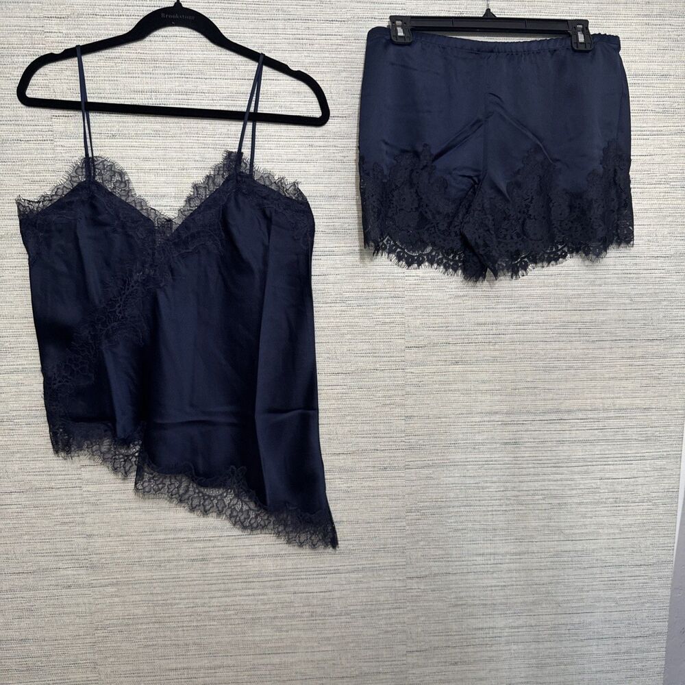 Navy Satin Lace Trim Asymmetrical Camisole And Short Set Size Large